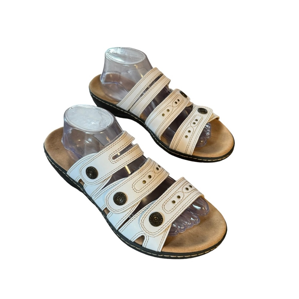 Women’s Clark’s Collection 11 White Leather Slip-On Sandals w Hook/Loop Closure